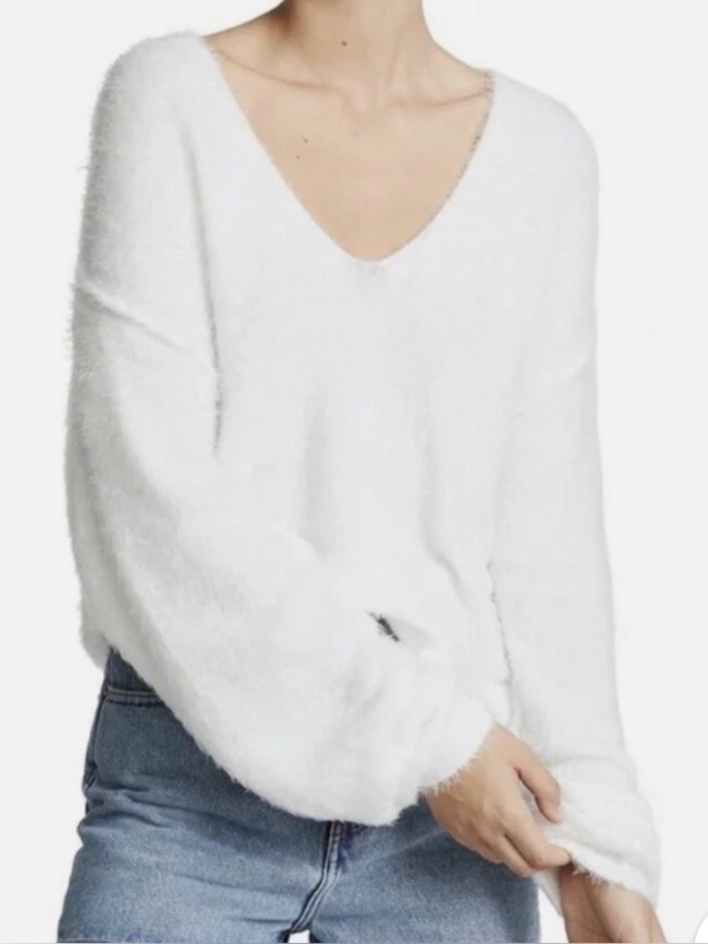 Free People Princess Sweater In white v-neck exposed seams slightly cropped Med